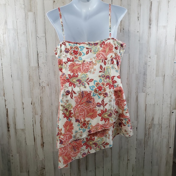 Uniform John Paul Richard Womens Top L Cream Floral Asymmetrical Tiered Hem U2 - Picture 4 of 5